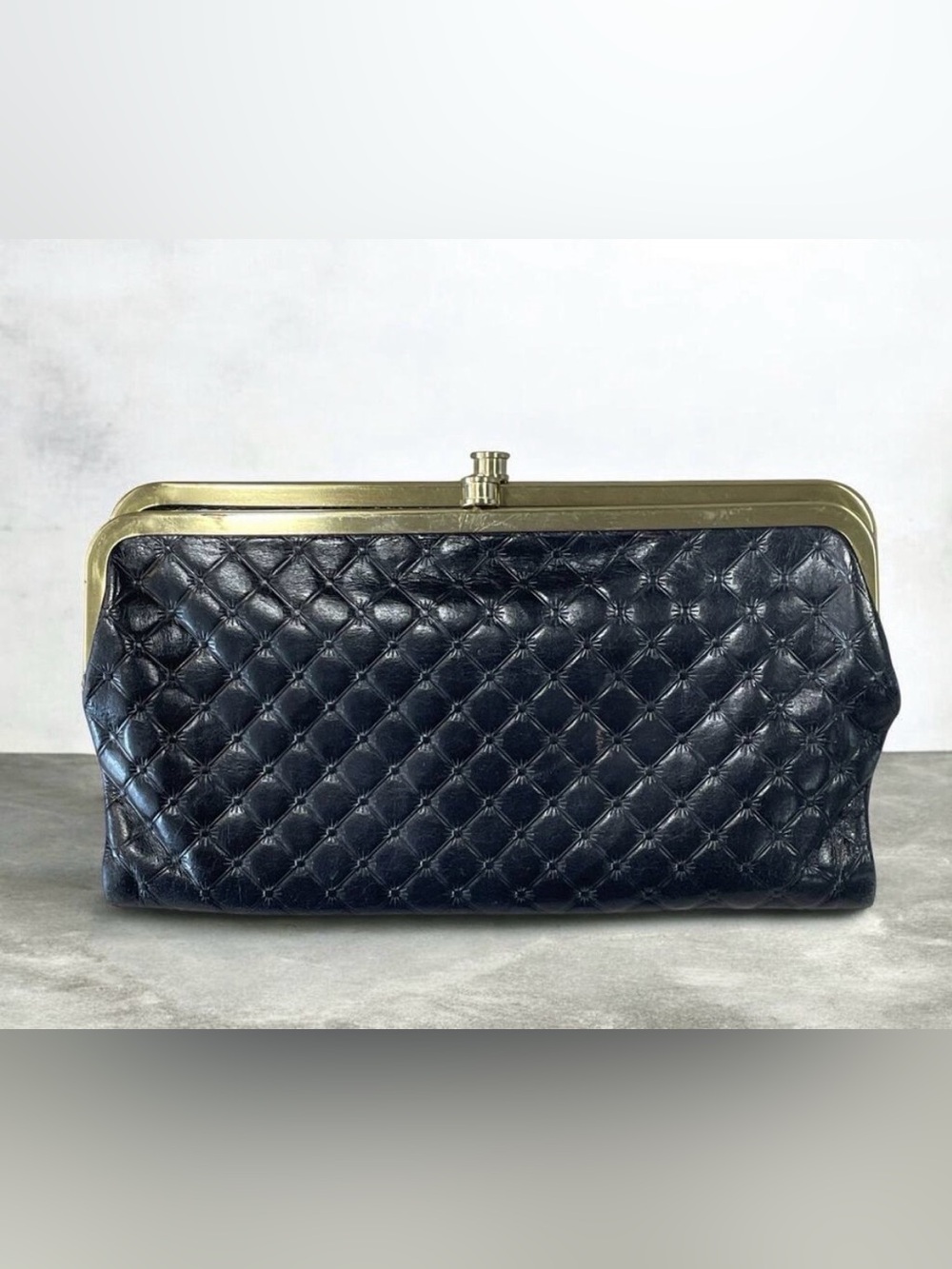 HOBO The Original 'Lauren' Double Frame Clutch Wallet Black Quilted Gold Toned